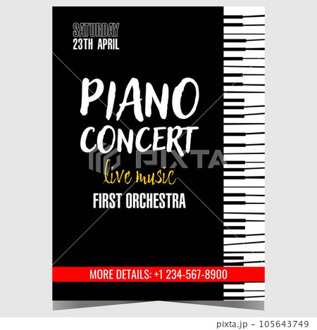 Piano concert poster design template with black and white piano keys on the background. Vector promo banner, brochure, booklet or invitation leaflet for live concert of classical piano music. 105643749