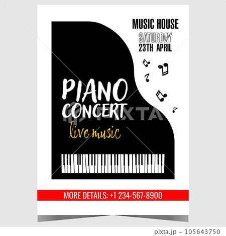 Piano concert invitation flyer, promo banner or poster with black grand piano and musical notes in the white background. Vector design template of leaflet or booklet for piano live music festival. Piano concert invitation flyer, promo banner or poster with black grand piano and musical notes in the white background. Vector design template of leaflet or booklet for piano live music festival. 105643750