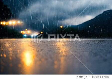 Heavy rain drop at middle of the road surface bokeh background.  105643760