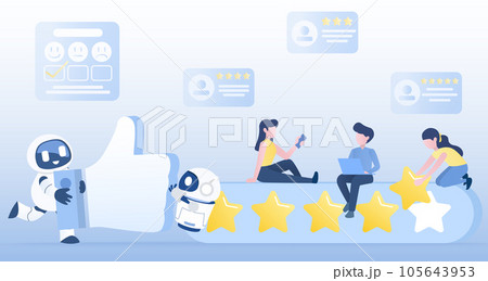 Artificial intelligence (AI) technology and customer satisfaction concept. Online technology review, give 5 star, thumb up, positive review, customer loyalty. Flat vector design illustration. 105643953