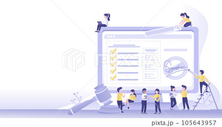 Business ideas concept. Signing signature, electronic legal binding document, checklist policy, term and condition. Buy and sell contract. Flat vector design illustration with copy space. Business ideas concept. Signing signature, electronic legal binding document, checklist policy, term and condition. Buy and sell contract. Flat vector design illustration with copy space. 105643957