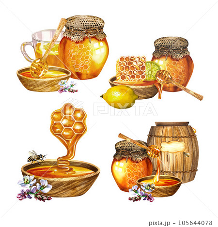 A set of compositions with honey.Isolate on a white background. watercolor hand drawn illustration. For design solutions for banners, postcards, packaging and labels, stickers, etc. A set of compositions with honey.Isolate on a white background. watercolor hand drawn illustration. For design solutions for banners, postcards, packaging and labels, stickers, etc. 105644078