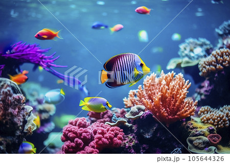 Tropical sea underwater fishes on coral reef. Aquarium oceanarium wildlife colorful marine panorama landscape nature snorkeling diving 105644326