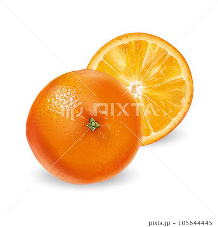 Whole orange with a round slice on a white background. 105644445