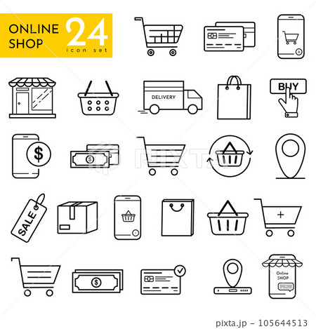 Online Shopping - thin linear vector icon set. Ecommerce, shop, sale icons. Linear shop icon set. Online Shopping - thin linear vector icon set. Ecommerce, shop, sale icons. Linear shop icon set. 105644513