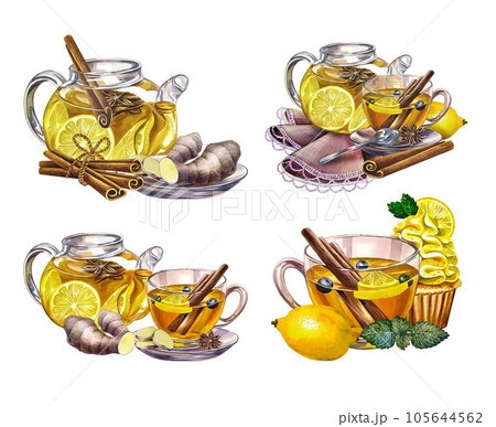 A set of compositions with fragrant antiviral tea with lemon, cinnamon and ginger and honey. Vitamin tea against colds. Watercolor illustration. For labels, invitations, banners, packaging and menus. A set of compositions with fragrant antiviral tea with lemon, cinnamon and ginger and honey. Vitamin tea against colds. Watercolor illustration. For labels, invitations, banners, packaging and menus. 105644562