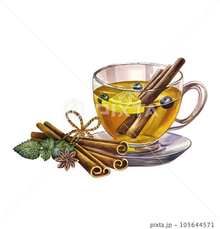 A cup of tea with lemon and cinnamon. Glass goblet filled with tea. Watercolor hand drawn illustration. Isolate on white background. For invitations, packaging and menus. For flyers, labels and print. 105644571