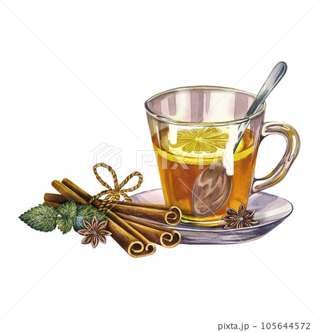 A cup of tea with lemon and cinnamon. Glass goblet filled with tea. Watercolor hand drawn illustration. Isolate on white background. For invitations, packaging and menus. For flyers, labels and print. 105644572