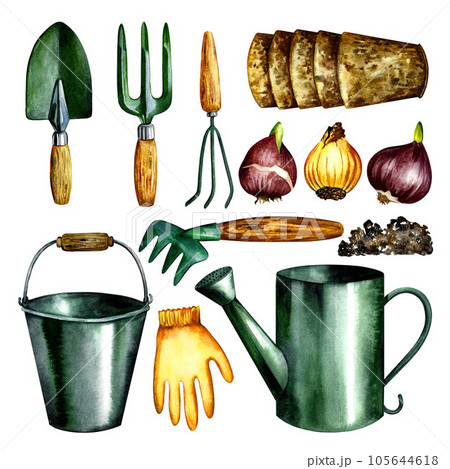 Garden set. Gardener's tools. Isolate on white background. Watercolor illustration. For horticultural design solutions. Garden set. Gardener's tools. Isolate on white background. Watercolor illustration. For horticultural design solutions. 105644618