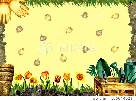 Gardening. gardening tools. Frame. Watercolor illustration. Gardening card, invitation and congratulations Gardening. gardening tools. Frame. Watercolor illustration. Gardening card, invitation and congratulations 105644623