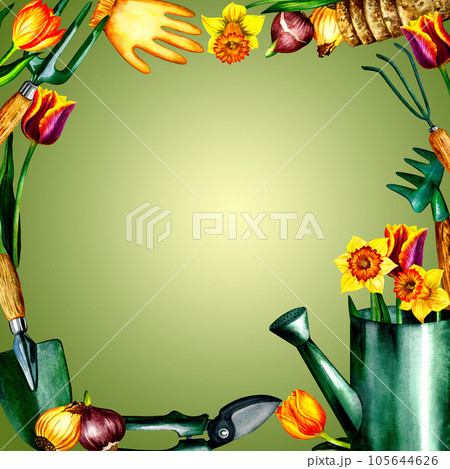 Gardening. gardening tools. Frame. Watercolor illustration. Gardening card, invitation and congratulations Gardening. gardening tools. Frame. Watercolor illustration. Gardening card, invitation and congratulations 105644626