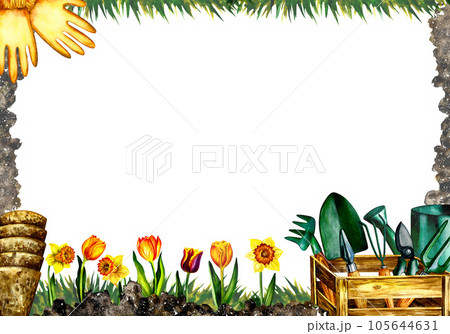 Gardening. gardening tools. Frame. Watercolor illustration. Gardening card, invitation and congratulations 105644631