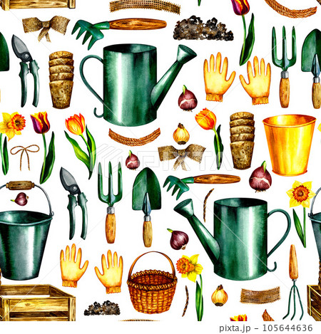 Gardening. Seamless pattern. gardener's tools. watercolor illustration. For garden design packaging, textiles and labels 105644636