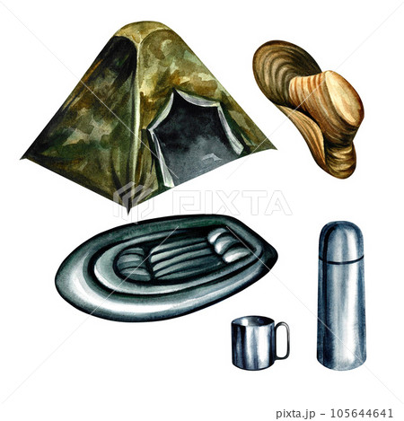 A set of hiking, tourist equipment. Isolate on white background. Watercolor illustration. For design tourism solutions. 105644641
