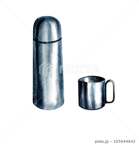 Thermos and mug. Camping tourist. Hot water. Isolate on a white background. watercolor illustration. 105644642