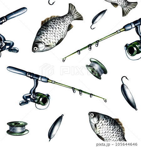 pattern, seamless texture with fish and fishing rods for the angler. On a white background. Watercolor illustration. pattern, seamless texture with fish and fishing rods for the angler. On a white background. Watercolor illustration. 105644646