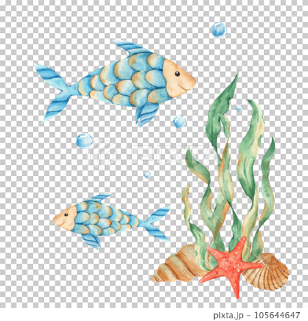 Underwater world. Marine composition of cute fishes, seaweeds, red starfish, seashells and water bubbles. Watercolor hand drawn illustration for children isolated on white background. For cards 105644647