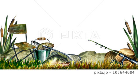 Fishing, banner. Isolate on a white background. Watercolor illustration. Fishing, banner. Isolate on a white background. Watercolor illustration. 105644684