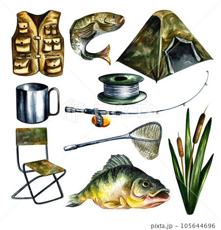 Set of fishing equipment. Isolate on a white background. Watercolor illustration. For fishing design. 105644696