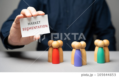 The concept of market segmentation. Target audience, customer care. Market group of buyers. Customer relationship management. Wooden figurines of people and businessman with notes The concept of market segmentation. Target audience, customer care. Market group of buyers. Customer relationship management. Wooden figurines of people and businessman with notes 105644853