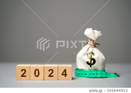 Wooden blocks 2024 and money bag with dollars. Budget planning. Business and economic concept. Goals and plans. Investment, finance. Savings. 105644913