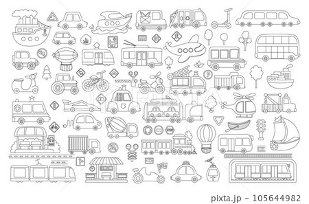 Vector black and white transportation set. Funny line water, land, air underground transport collection for kids. Cars and vehicles clip art. Cute train, truck, fire engine icons or coloring pages Vector black and white transportation set. Funny line water, land, air underground transport collection for kids. Cars and vehicles clip art. Cute train, truck, fire engine icons or coloring pages 105644982