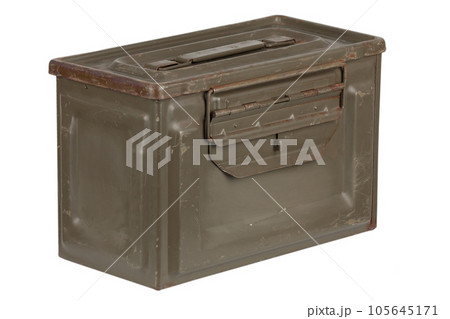 US army green metal .50 cal ammo can on white background. 105645171
