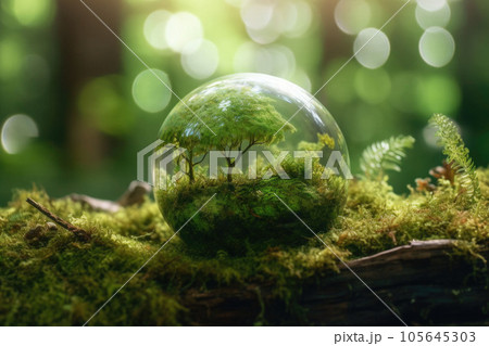 Crystal ball with plants on moss in forest environmental. Earth day concept. Generative AI Crystal ball with plants on moss in forest environmental. Earth day concept. Generative AI 105645303