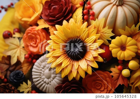 Bright background with beautiful thanksgiving decorating. Pumpkins with fruits, flowers, vegetables and leaves. AI generated Bright background with beautiful thanksgiving decorating. Pumpkins with fruits, flowers, vegetables and leaves. AI generated 105645328