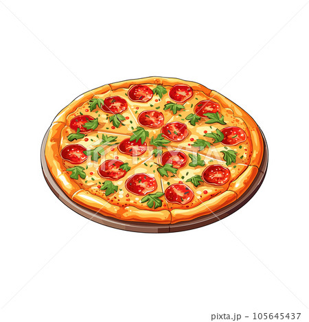 Hand Draw Pizza with various ingredients in cartoon style. Whole and chopped pizza icon. Vector illustration EPS10 Hand Draw Pizza with various ingredients in cartoon style. Whole and chopped pizza icon. Vector illustration EPS10 105645437