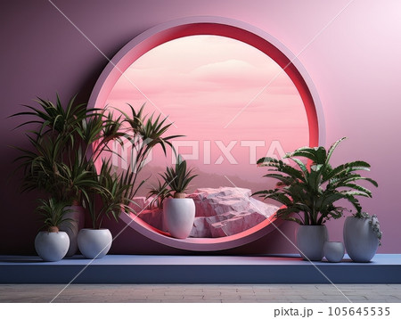 Home interior futuristic pink design with round window arch showing mountain landscape and pink sky. 3D visualization AI Home interior futuristic pink design with round window arch showing mountain landscape and pink sky. 3D visualization AI 105645535