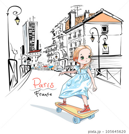 Vector baby girl skateboarder in Paris 105645620