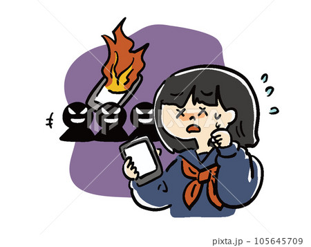 携帯電話とインターネットの炎上トラブルで困っている女子学生のイラスト 105645709