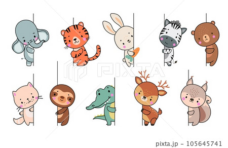 Wild animals peeking, cute cartoon animal looking out wall. Elephant, bear and kitten characters. Cute funny friendly crocodile nowaday vector set 105645741