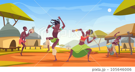 African people. Tribal authentic african characters outdoor landscape moving and dancing exact vector cartoon template 105646006
