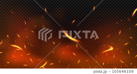 Fire flying sparks background. Vector realistic heat effect of flame in bonfire, isolated on transparent background. 105646109