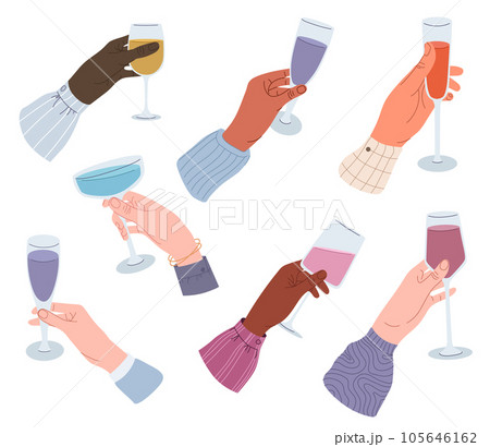 Drinks in hands set. People holding glass of wine or sparkling champagne, pint beer and bar cocktail. Beverages in glass, cup, bottle, wineglass Drinks in hands set. People holding glass of wine or sparkling champagne, pint beer and bar cocktail. Beverages in glass, cup, bottle, wineglass 105646162
