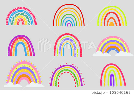 Collection of vector rainbows. Set rainbows with sun, clouds, rain in cartoon style isolated on white background for kids. Cute illustration in hand drawn style 105646165