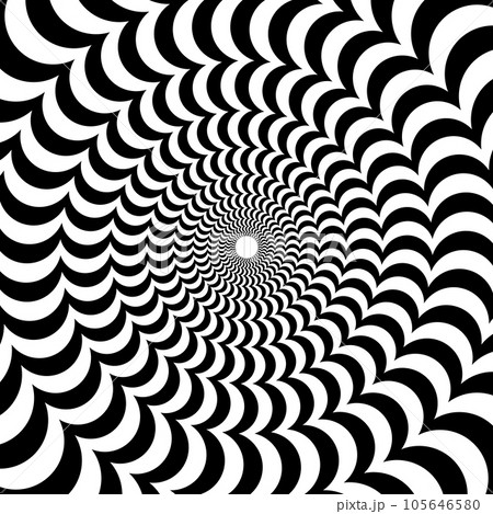 Radial optical illusion background. Black and white abstract semi circles surface. Poster, banner, template design design. Spinning and rotating arc spiral illusion wallpaper. Vector illustration 105646580