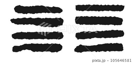 Torn thin and long pieces of paper set. Black paper strips with jagged edges. Ripped curved horizontal fragment collection. Textured grunge element bundle for collage, textbox, banner, sticker. Vector 105646581