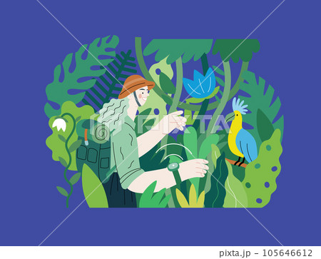 Greenery, ecology -modern flat vector concept illustration of a woman exploring the jungle and a wild bird in a tree. Metaphor of environmental sustainability and protection, closeness to nature 105646612