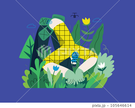 Greenery, ecology -modern flat vector concept illustration of a female gardener carrying the plants. Metaphor of environmental sustainability and protection, closeness to nature 105646614