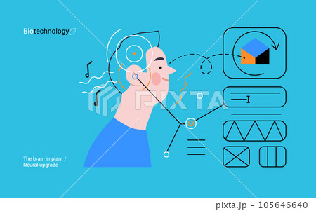 Bio Technology, Brain implant, Neural upgrade -modern flat vector concept illustration of brain implant, integration, enhanced cognitive abilities. Pushing boundaries of potential, neural upgrades Bio Technology, Brain implant, Neural upgrade -modern flat vector concept illustration of brain implant, integration, enhanced cognitive abilities. Pushing boundaries of potential, neural upgrades 105646640