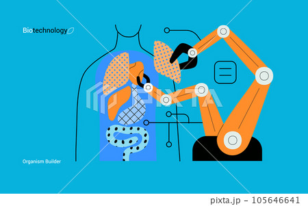 Bio Technology, Organism Builder -modern flat vector concept illustration of robot assembling organism using blocks, parts representing organ systems. Metaphor of regenerative medicine and 3D printing Bio Technology, Organism Builder -modern flat vector concept illustration of robot assembling organism using blocks, parts representing organ systems. Metaphor of regenerative medicine and 3D printing 105646641