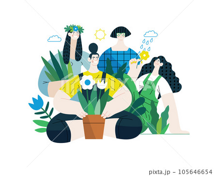 Greenery, ecology -modern flat vector concept illustration of people surrounded by plants and flowers. Metaphor of environmental sustainability and protection, closeness to nature 105646654