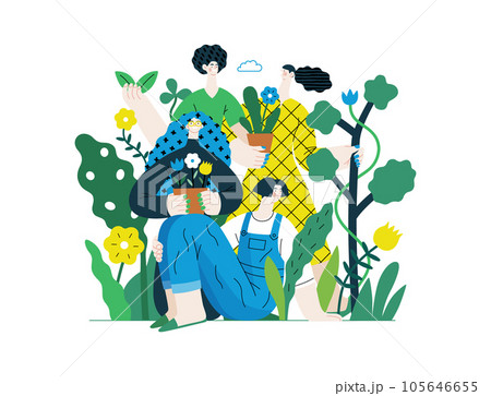 Greenery, ecology -modern flat vector concept illustration of people surrounded by plants and flowers. Metaphor of environmental sustainability and protection, closeness to nature Greenery, ecology -modern flat vector concept illustration of people surrounded by plants and flowers. Metaphor of environmental sustainability and protection, closeness to nature 105646655