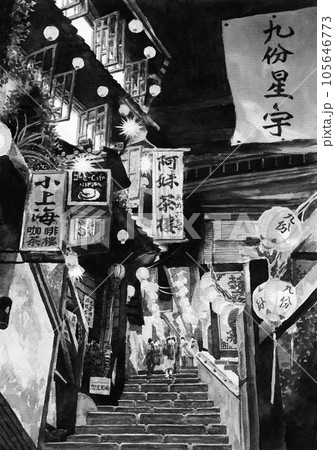 アナログ水彩風景画台湾九份の夜景モノトーンのイラスト素材