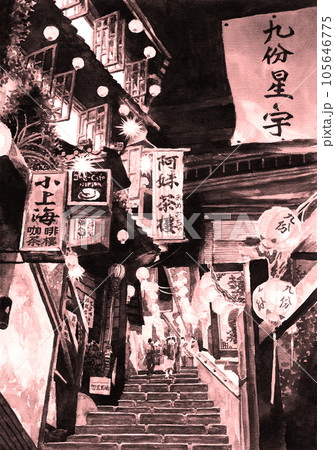 アナログ水彩風景画台湾九份の夜景セピアトーンのイラスト素材