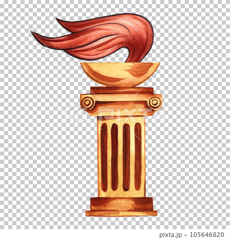 Olympic flame of ancient Greece. Torch in a bowl on a Greek column. Hand drawn watercolor illustration. Isolate. For the design of banners, packaging and labels. For postcards, prints and textiles. Olympic flame of ancient Greece. Torch in a bowl on a Greek column. Hand drawn watercolor illustration. Isolate. For the design of banners, packaging and labels. For postcards, prints and textiles. 105646820