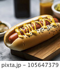 hot dog on a bun with mustard - MidJourney AI 105647379